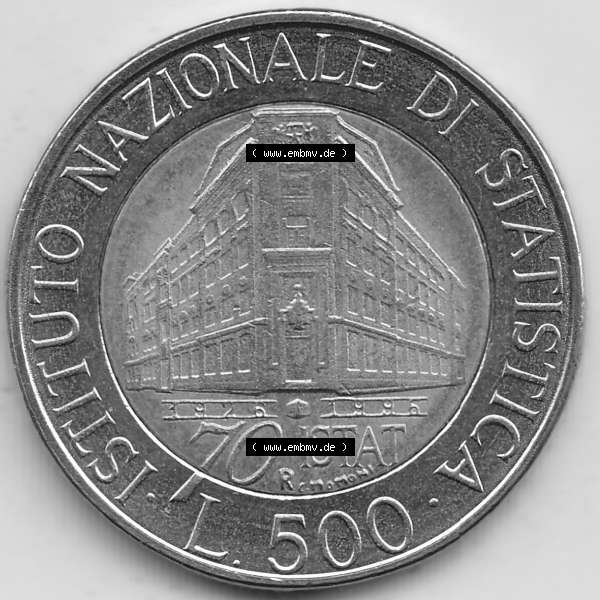 Grau bzw. s/w Bildmaterial von Münzen aus Italien / Italia Gedenkmünzen 1996-1996, 500 Lire, 70 Jahre Nationales Institut für Statistik (1926-1996), 70 ISTAT ISTITUTO NAZIONALE... Sammlung Graustufen