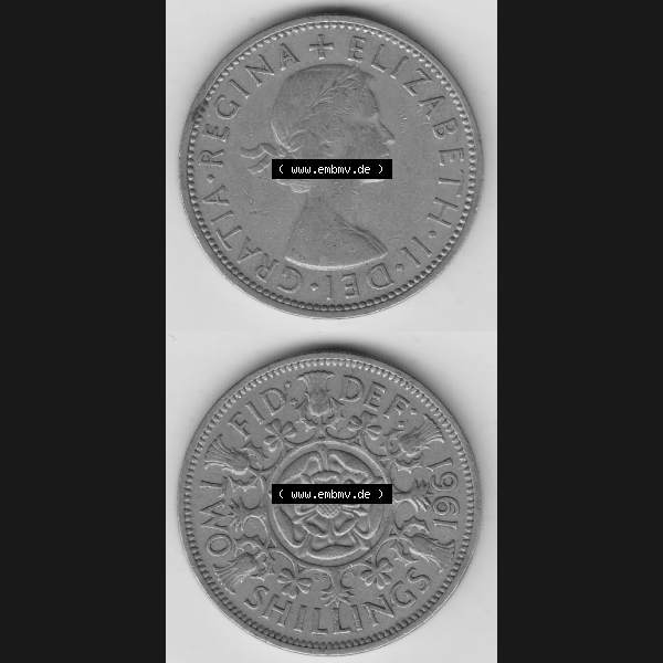 Grau bzw. s/w Münzen Großbritannien Umlaufmünze 1954-1970, 2 Schilling - Shillings 1961-3. Vorderseite und Rückseite vertikal untereinander auf einen digitalen Bild der alten britischen... Sammlung Graustufen