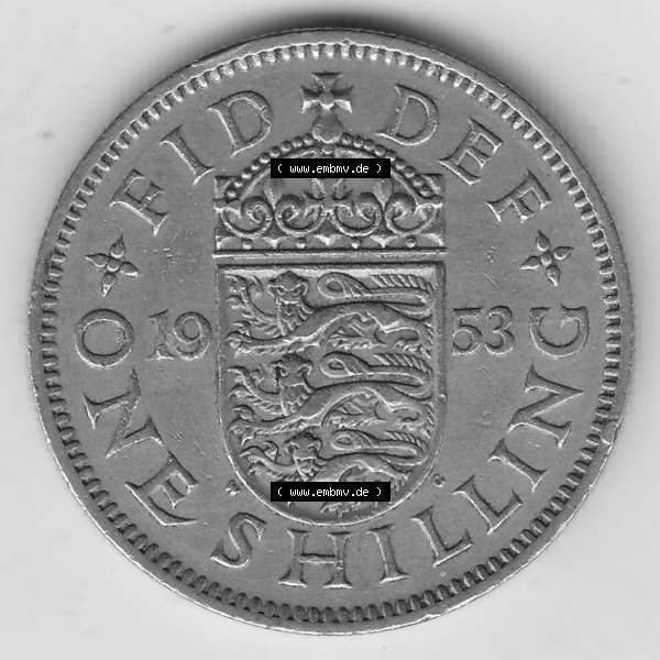 Grau bzw. s/w Münzen Großbritannien Umlaufmünze 1954-1970, 1 Schilling - Shilling, 1953-1 Wappen mit drei Löwen. Rückseite der alten britischen Münze aus Großbritannien... Sammlung Graustufen