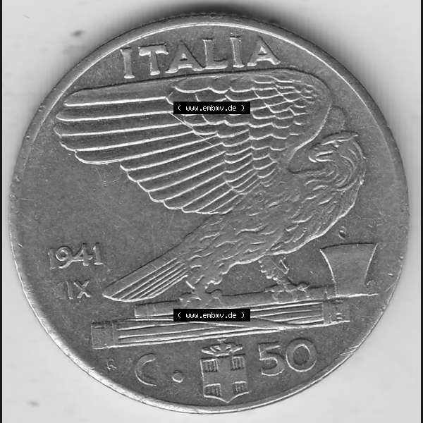 Grau bzw. s/w Alte Münzen KMS Italien / Italia, Kursmünzensatz - Zusammenstellung 1908-1943, mit Münze 1939-1943, 50 Centesimi, Cent, Viktor Emanuael III.,... Sammlung Graustufen
