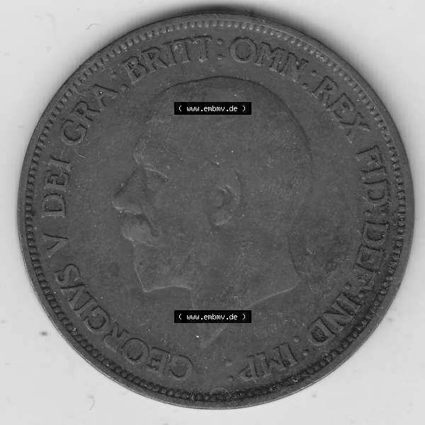 Grau bzw. s/w Münzen Großbritannien Umlaufmünze 1928-1936, 1 One Penny, 1936-2, George V. BM GEORGIVS V DEI GRABRITTOMNREX FIDDEFINDIMP. Vorderseite der alten britischen... Sammlung Graustufen