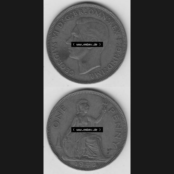 Grau bzw. s/w Münzen Großbritannien Umlaufmünze 1937-1948. 1 One Penny 1940-1, George VI, GEORGIVS VI DGBROMNREX FDINDIMP. HP. Vorderseite und Rückseite vertikal... Sammlung Graustufen