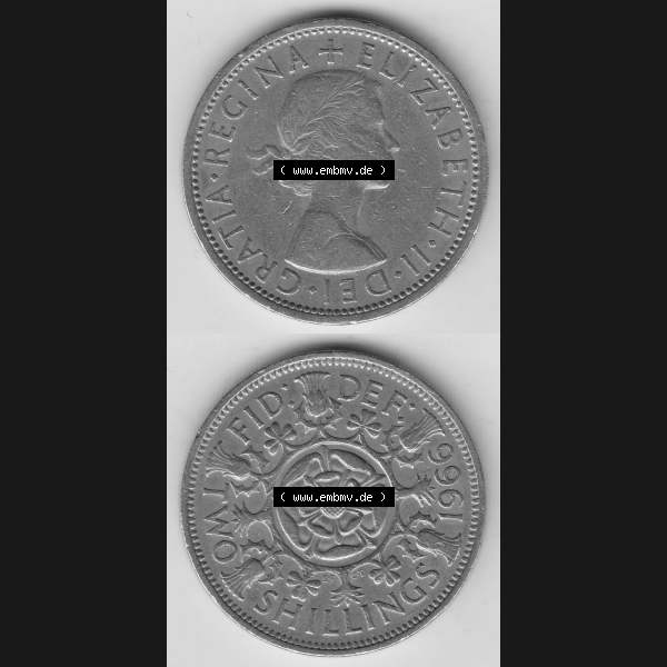 Grau bzw. s/w Münzen Großbritannien Umlaufmünze 1954-1970, 2 Schilling - Shillings 1966-4. Vorderseite und Rückseite vertikal untereinander auf einen digitalen Bild der alten britischen... Sammlung Graustufen