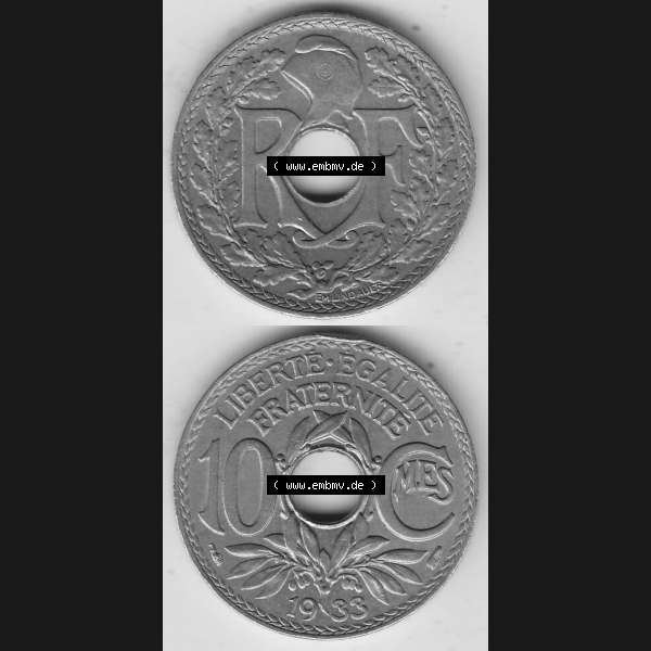 Grau bzw. s/w Alte Münzen KMS Frankreich, aus Kursmünzensatz-Zusammenstellung der Jahre 1917-1952, mit der Münze 1917-1938, 10 Cmes, Centimes 1933-1. Vorderseite und Rückseite... Sammlung Graustufen