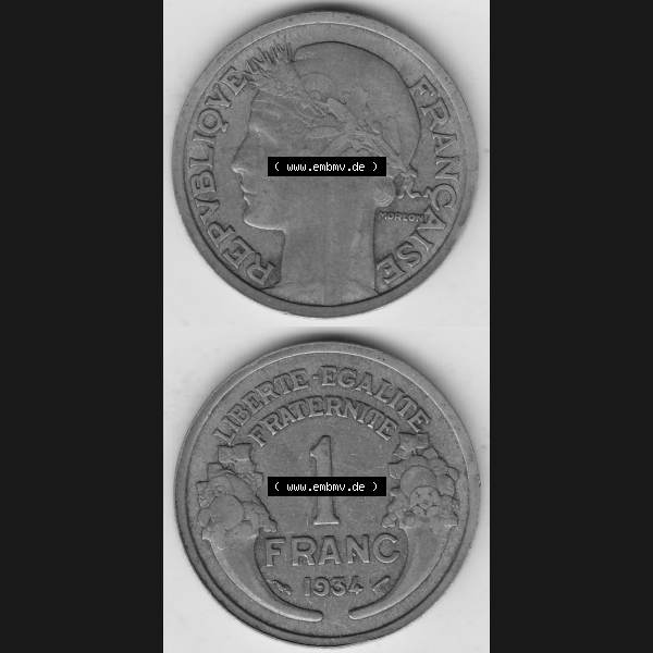 Grau bzw. s/w Münzen Frankreich Umlaufmünze 1931-1941, 1 Franken, 1 Franc, 1934-1 LIBERTE EGALITE FRATERNITE. Vorderseite und Rückseite vertikal auf einen digitalen Bild der alten... Sammlung Graustufen