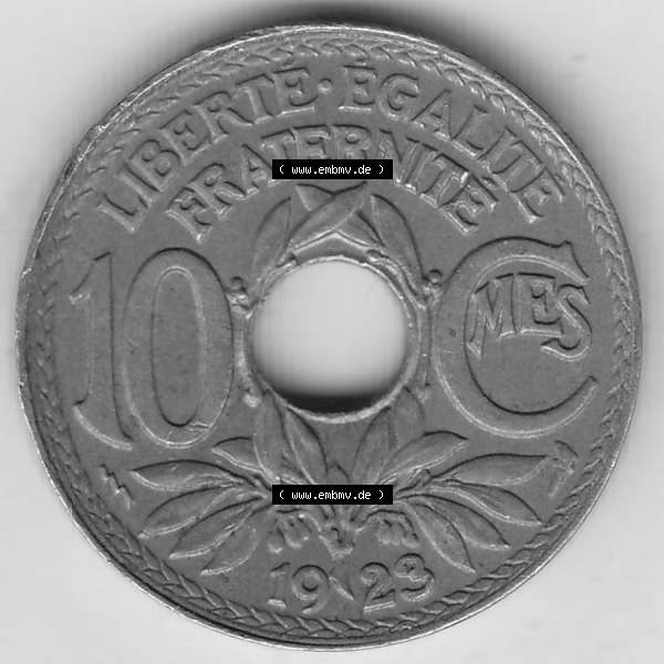 Grau bzw. s/w Münzen Frankreich Umlaufmünze Einzelansicht 1917-1938, 10 Centimes, RF - Frankreich 10 CMES EGALITÉ FRATERNITÉ LIBERTÉ 1923-1. Rückseite der alten... Sammlung Graustufen