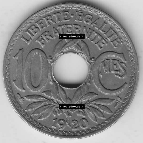 Grau bzw. s/w Münzen Frankreich Umlaufmünze Einzelansicht 1917-1938, 10 Centimes, 10 CMES EGALITÉ FRATERNITÉ LIBERTÉ 1920-1. Rückseite der alten französischen... Sammlung Graustufen