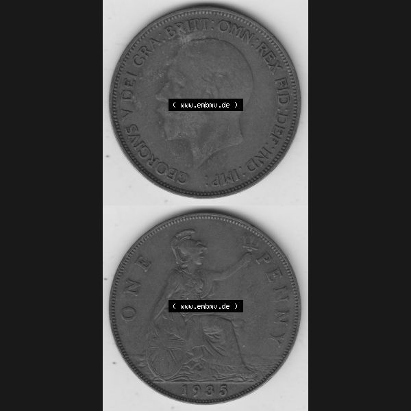 Grau bzw. s/w Münzen Großbritannien Umlaufmünze 1928-1936, 1 One Penny, 1935-1, George V. BM GEORGIVS V DEI GRABRITTOMNREX FIDDEFINDIMP. Vorderseite und Rückseite... Sammlung Graustufen