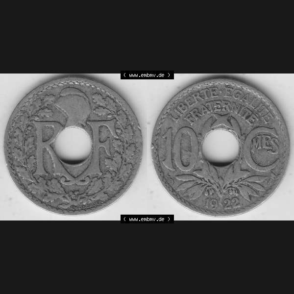 Grau bzw. s/w Münzen Frankreich Umlaufmünze Vollansicht 1917-1938, 10 Centimes, 10 CMES EGALITÉ FRATERNITÉ LIBERTÉ 1922-1. Beidseitiges Bildmaterial einer Umlaufmünze... Sammlung Graustufen