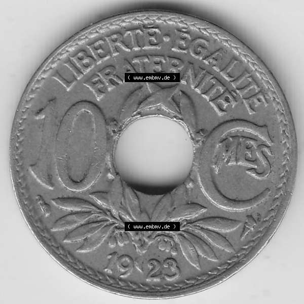 Grau bzw. s/w Münzen Frankreich Umlaufmünze 1917-1938, 10 Centimes, 10 CMES EGALITÉ FRATERNITÉ LIBERTÉ 1923-1. Digitales Bild der Rückseite mit Wertzahl / Nennwert... Sammlung Graustufen