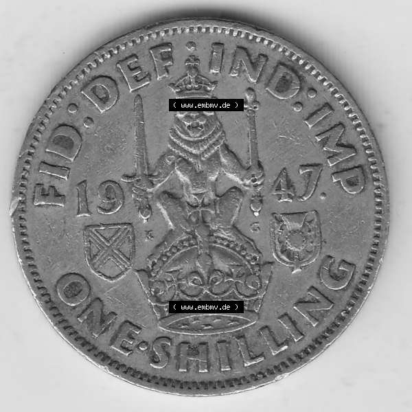 Grau bzw. s/w Münzen Großbritannien Umlaufmünze 1947-1948, 1 Schilling - One Shilling 1947-2 Sitzender Löwe auf Krone. Rückseite der alten britischen Münze aus Großbritannien... Sammlung Graustufen