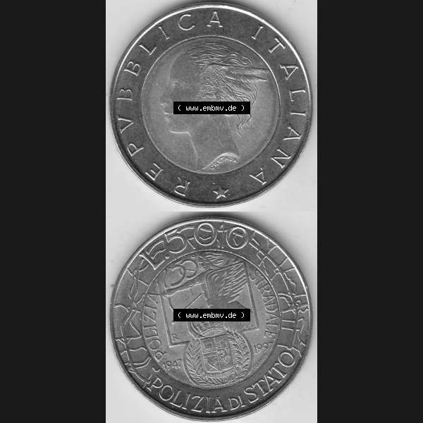 Grau bzw. s/w Bildmaterial von Münzen aus Italien / Italia Gedenkmünzen 1997-1997, 500 Lire, 50 Jahre Staatspolizei (1947-1997), POLIZIA DI STATO POLIZIA STRADALE R-2.... Sammlung Graustufen