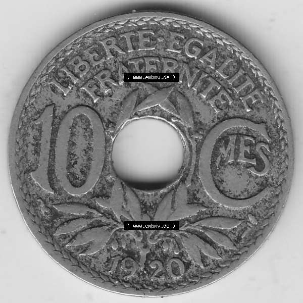 Grau bzw. s/w Münzen Frankreich Umlaufmünze 1917-1938, 10 Centimes, 10 CMES EGALITÉ FRATERNITÉ LIBERTÉ 1920-1. Digitales Bild der Rückseite mit Wertzahl / Nennwert... Sammlung Graustufen