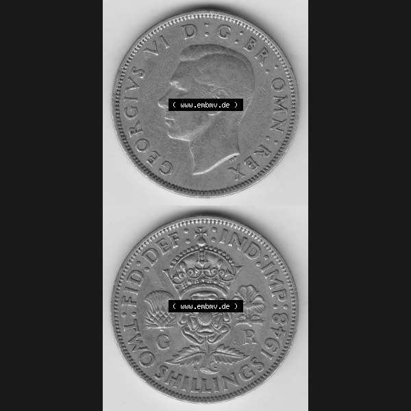 Grau bzw. s/w Münzen Großbritannien Umlaufmünze 1947-1948, 2 Schilling - Shillings 1948-1. Vorderseite und Rückseite vertikal untereinander auf einen digitalen Bild der alten britischen... Sammlung Graustufen