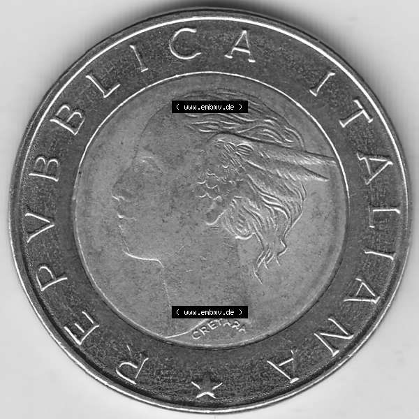Grau bzw. s/w Bildmaterial von Münzen aus Italien / Italia Gedenkmünzen 1996-1996, 500 Lire, 70 Jahre Nationales Institut für Statistik (1926-1996), 70 ISTAT ISTITUTO NAZIONALE... Sammlung Graustufen