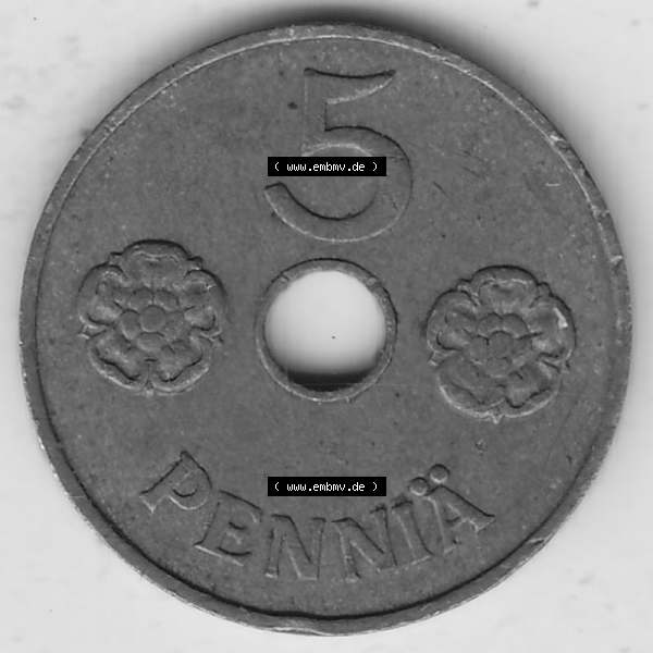 Grau bzw. s/w Alte Münzen KMS Finnland, Kursmünzensatz 1941-1943, 5 Penny, Penniä, Kupfer 1941-1. Rückseite mit Wert-Zahl bzw. Nennwert einer Münze aus... Sammlung Graustufen