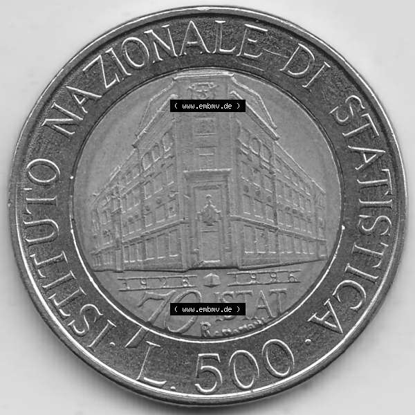 Grau bzw. s/w Bildmaterial von Münzen aus Italien / Italia Gedenkmünzen 1996-1996, 500 Lire, 70 Jahre Nationales Institut für Statistik (1926-1996), 70 ISTAT ISTITUTO NAZIONALE... Sammlung Graustufen