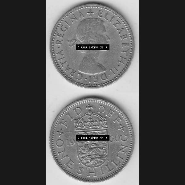 Grau bzw. s/w Münzen Großbritannien Umlaufmünze 1954-1970, 1 Schilling - One Shilling, 1960-1 Wappen mit drei Löwen. Vorderseite und Rückseite vertikal untereinander auf... Sammlung Graustufen