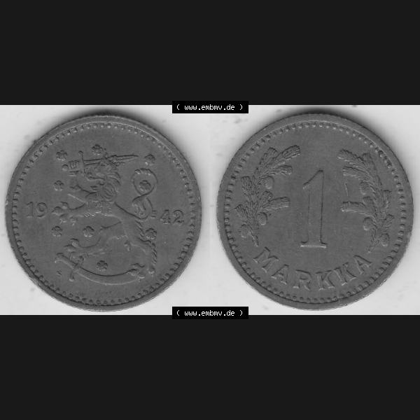 Grau bzw. s/w Alte Münzen KMS Finnland, Kursmünzensatz 1940-1951, 1 finnische Mark, Markka, Kupfer 1942-1. Digitales Bild / Bildmaterial mit Vorderseite und Rückseite... Sammlung Graustufen