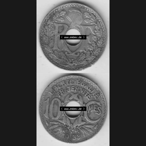 Grau bzw. s/w Münzen Frankreich Umlaufmünze Vollansicht 1917-1938, 10 Centimes, 10 CMES EGALITÉ FRATERNITÉ LIBERTÉ 1933-1. Vertikales beidseitiges Bildmaterial der Vorderseite... Sammlung Graustufen