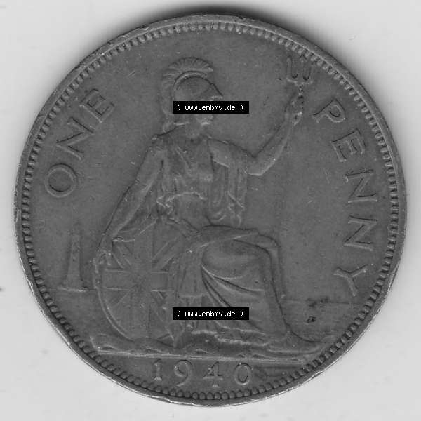 Grau bzw. s/w Münzen Großbritannien Umlaufmünze 1937-1948. 1 One Penny 1940-1, George VI, GEORGIVS VI DGBROMNREX FDINDIMP. HP. Rückseite der alten britischen Münze... Sammlung Graustufen