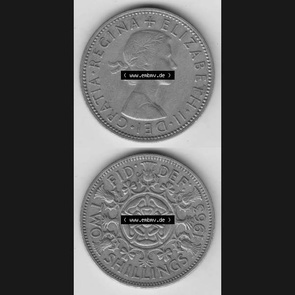 Grau bzw. s/w Münzen Großbritannien Umlaufmünze 1954-1970, 2 Schilling - Shillings 1963-1. Vorderseite und Rückseite vertikal untereinander auf einen digitalen Bild der alten britischen... Sammlung Graustufen