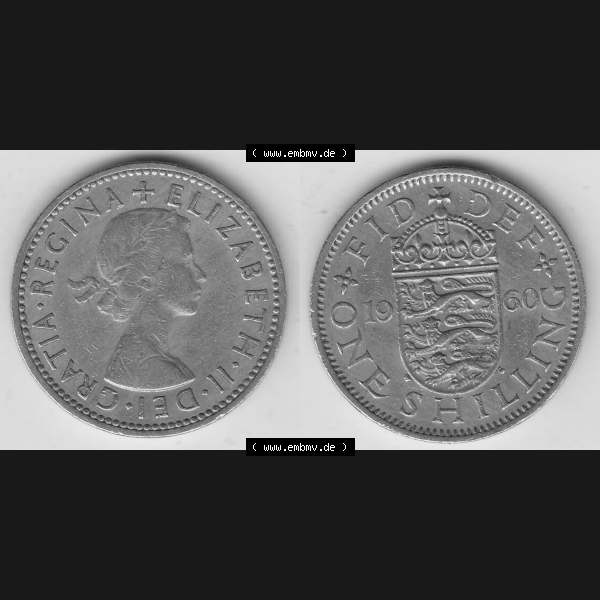 Grau bzw. s/w Münzen Großbritannien Umlaufmünze 1954-1970, 1 Schilling - One Shilling, 1960-1 Wappen mit drei Löwen. Vorderseite und Rückseite horizontal auf einen digitalen... Sammlung Graustufen