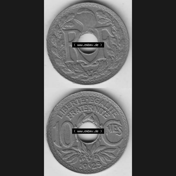 Grau bzw. s/w Münzen Frankreich Umlaufmünze Vollansicht 1917-1938, 10 Centimes, RF - Frankreich 10 CMES EGALITÉ FRATERNITÉ LIBERTÉ 1923-1. Vorderseite und Rückseite... Sammlung Graustufen