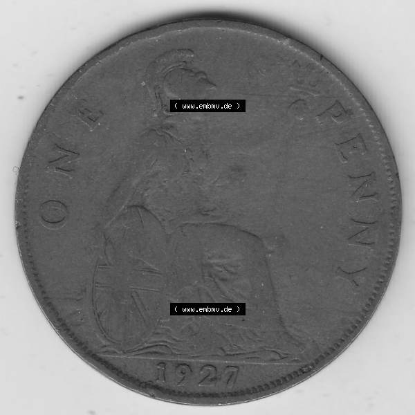 Grau bzw. s/w Münzen Großbritannien Umlaufmünze 1927-1927, 1 One Penny, 1927-2, George V, BM GEORGIVS V DEI GRABRITTOMNREX FIDDEFINDIMP. Rückseite der alten britischen... Sammlung Graustufen