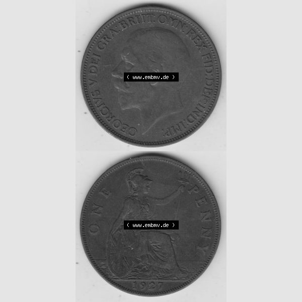 Grau bzw. s/w Münzen Großbritannien Umlaufmünze 1927-1927, 1 One Penny, 1927-1, George V, BM GEORGIVS V DEI GRABRITTOMNREX FIDDEFINDIMP. Vorderseite und Rückseite... Sammlung Graustufen