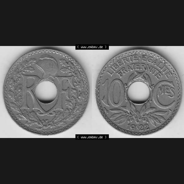 Grau bzw. s/w Münzen Frankreich Umlaufmünze Vollansicht 1917-1938, 10 Centimes, RF - Frankreich 10 CMES EGALITÉ FRATERNITÉ LIBERTÉ 1922-1. Vorderseite und Rückseite... Sammlung Graustufen
