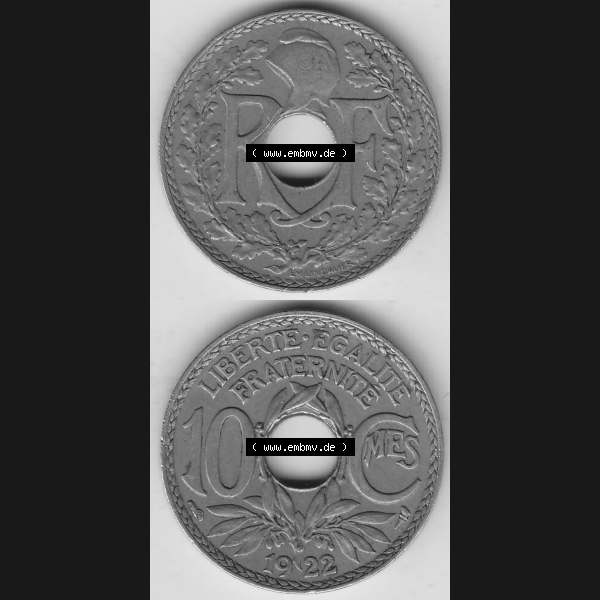 Grau bzw. s/w Münzen Frankreich Umlaufmünze Vollansicht 1917-1938, 10 Centimes, RF - Frankreich 10 CMES EGALITÉ FRATERNITÉ LIBERTÉ 1922-1. Vorderseite und Rückseite... Sammlung Graustufen