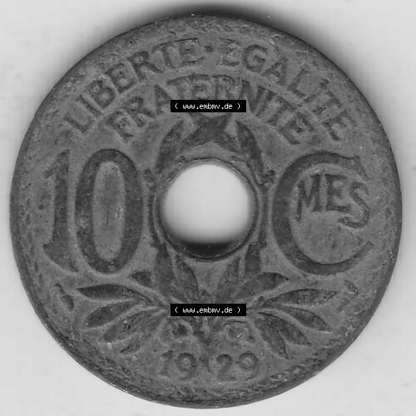 Grau bzw. s/w Münzen Frankreich Umlaufmünze Einzelansicht 1917-1938, 10 Centimes, 10 CMES EGALITÉ FRATERNITÉ LIBERTÉ 1929-1. Rückseite der alten französischen... Sammlung Graustufen