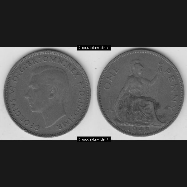 Grau bzw. s/w Münzen Großbritannien Umlaufmünze 1937-1948. 1 One Penny 1948-1, George VI, GEORGIVS VI DGBROMNREX FDINDIMP. HP. Vorderseite und Rückseite horizontal... Sammlung Graustufen