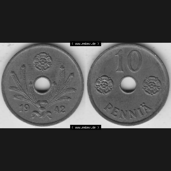 Grau bzw. s/w Alte Münzen KMS Finnland, Kursmünzensatz 1941-1943, 10 Penny, Penniä Kupfer 1942-1 . Digitales Bild / Bildmaterial mit Vorderseite und Rückseite einer Münze... Sammlung Graustufen