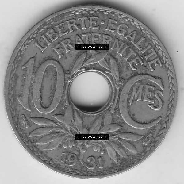 Grau bzw. s/w Münzen Frankreich Umlaufmünze Einzelansicht 1917-1938, 10 Centimes, RF - Frankreich 10 CMES EGALITÉ FRATERNITÉ LIBERTÉ 1931-2. Rückseite der alten... Sammlung Graustufen