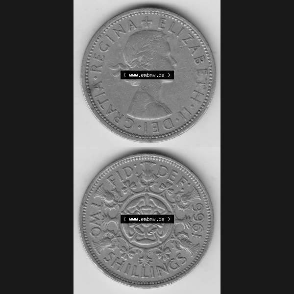 Grau bzw. s/w Münzen Großbritannien Umlaufmünze 1954-1970, 2 Schilling - Shillings 1966-5. Vorderseite und Rückseite vertikal untereinander auf einen digitalen Bild der alten britischen... Sammlung Graustufen