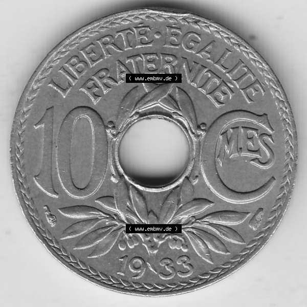 Grau bzw. s/w Alte Münzen KMS Frankreich, aus Kursmünzensatz-Zusammenstellung der Jahre 1917-1952, mit der Münze 1917-1938, 10 Cmes, Centimes 1933-1. Rückseite der... Sammlung Graustufen
