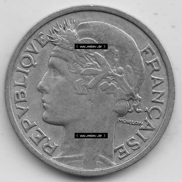 Grau bzw. s/w Alte Münzen KMS Frankreich, aus Kursmünzensatz-Zusammenstellung der Jahre 1917-1952, mit der Münze 1931-1941, 2 Franken, Francs, 1932-1. Vorderseite... Sammlung Graustufen