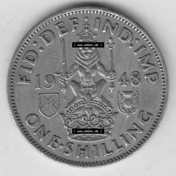 Grau bzw. s/w Münzen Großbritannien Umlaufmünze 1947-1948, 1 Schilling - One Shillings 1948-1 Sitzender Löwe auf Krone. Rückseite der alten britischen Münze aus Großbritannien... Sammlung Graustufen