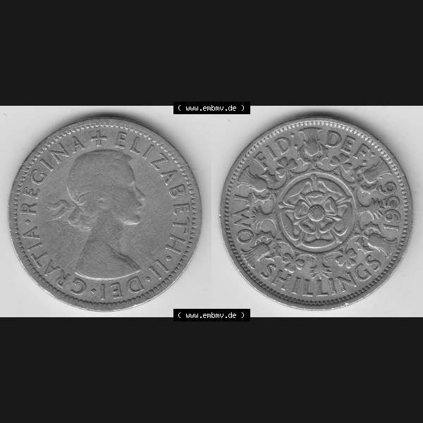 Grau bzw. s/w Münzen Großbritannien Umlaufmünze 1954-1970, 2 Schilling - Shillings 1956-1. Vorderseite und Rückseite horizontal auf einen digitalen Bild der alten britischen Münze... Sammlung Graustufen