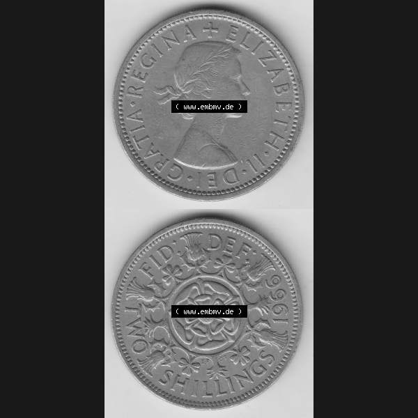 Grau bzw. s/w Münzen Großbritannien Umlaufmünze 1954-1970, 2 Schilling - Shillings 1966-7. Vorderseite und Rückseite vertikal untereinander auf einen digitalen Bild der alten britischen... Sammlung Graustufen