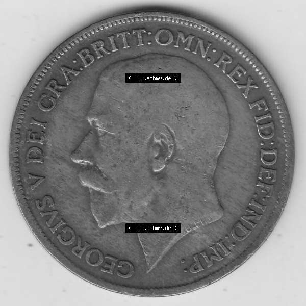 Grau bzw. s/w Münzen Großbritannien Umlaufmünze 1911-1926, 1 One Penny, 1921-1, George V, B.M. GEORGIVS V DEI GRABRITTOMNREX FIDDEFINDIMP. Vorderseite der... Sammlung Graustufen