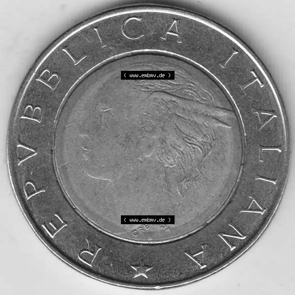 Grau bzw. s/w Bildmaterial von Münzen aus Italien / Italia Gedenkmünzen 1994-1994, 500 Lire, 500. Geburtstag von Luca Pacioli (1494-1994)-1. Vorderseite einer alten... Sammlung Graustufen