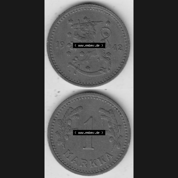 Grau bzw. s/w Alte Münzen KMS Finnland, Kursmünzensatz 1940-1951, 1 finnische Mark, Markka, Kupfer 1942-1. Digitales Bild / Bildmaterial für IPhone und Mobil-Geräte... Sammlung Graustufen