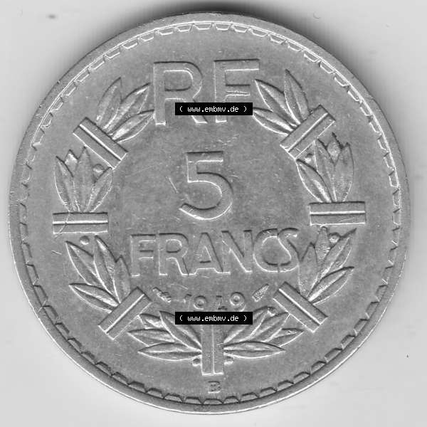 Grau bzw. s/w Alte Münzen KMS Frankreich, aus Kursmünzensatz-Zusammenstellung der Jahre 1917-1952, mit der Münze 1945-1952, 5 Franken, Francs 1949-1. Rückseite der... Sammlung Graustufen