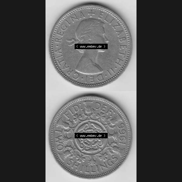 Grau bzw. s/w Münzen Großbritannien Umlaufmünze 1954-1970, 2 Schilling - Shillings 1966-6. Vorderseite und Rückseite vertikal untereinander auf einen digitalen Bild der alten britischen... Sammlung Graustufen