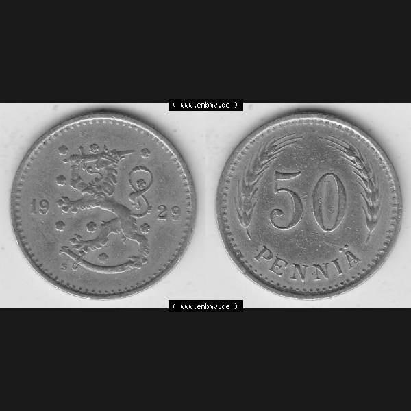 Grau bzw. s/w Alte Münzen KMS Finnland, Kursmünzensatz 1921-1940, 50 Penny, Penniä 1929. Digitales Bild / Bildmaterial mit Vorderseite und Rückseite einer Münze... Sammlung Graustufen