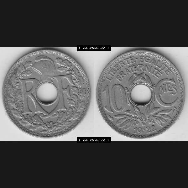 Grau bzw. s/w Münzen Frankreich Umlaufmünze Vollansicht 1917-1938, 10 Centimes, RF - Frankreich 10 CMES EGALITÉ FRATERNITÉ LIBERTÉ 1922-2. Vorderseite und Rückseite... Sammlung Graustufen