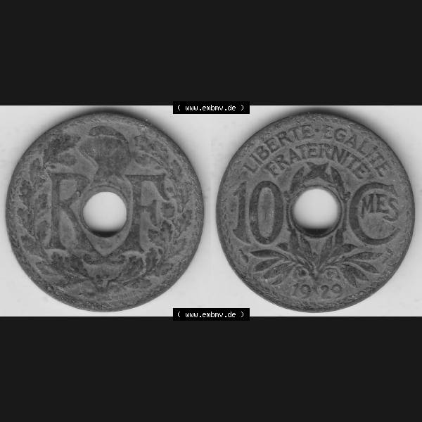 Grau bzw. s/w Münzen Frankreich Umlaufmünze Vollansicht 1917-1938, 10 Centimes, 10 CMES EGALITÉ FRATERNITÉ LIBERTÉ 1929-1. Vorderseite und Rückseite horizontal... Sammlung Graustufen